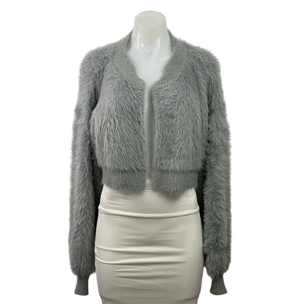 FRNCH Women's Gray Faux Fur Fuzzy Long Sleeve Cropped Open Cardigan Sweater OS