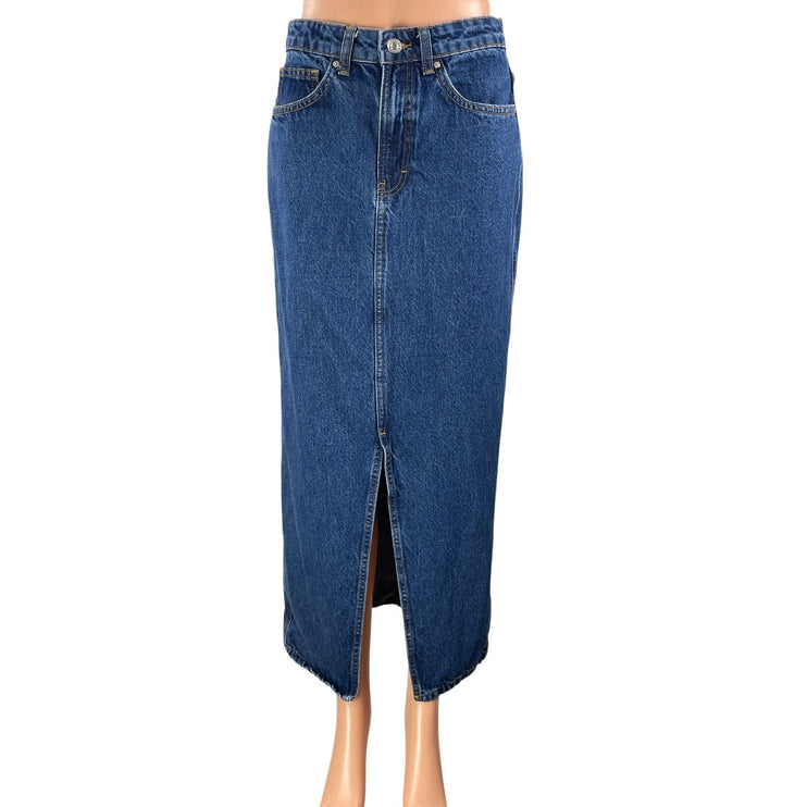 MNG Mango Blue Medium Wash High Waist Slit Straight Midi Denim Jean Skirt S