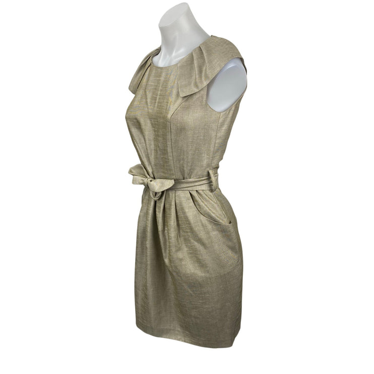 Mojo. S. Phine Women's Gold Ruffle Pleated Belted Midi Sheath A-Line Dress Sz S