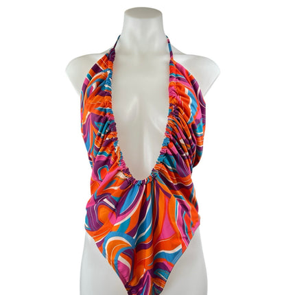 NEW PrettyLittleThing Multicolor Printed Ruched Scoop Neck One Piece Swimsuit 16