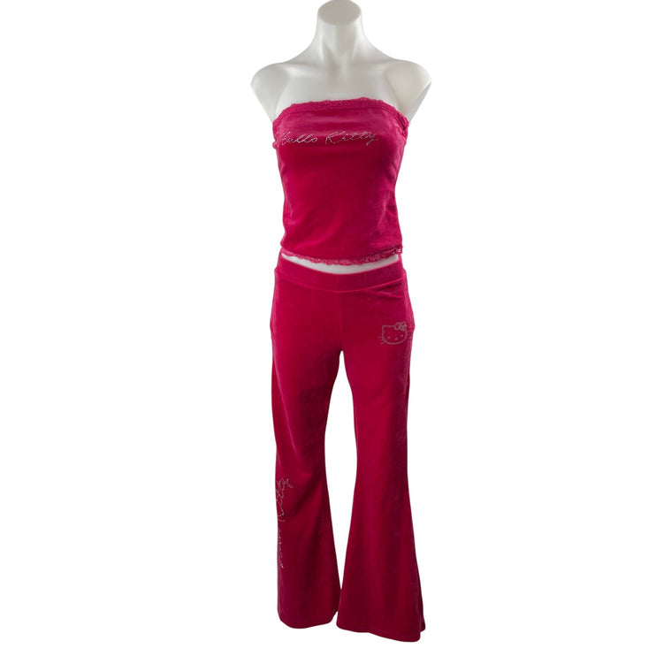 Forever 21 Hello Kitty Pink Tube Bandeau Rhinestone Flare Pants 2 Piece Set Sz S
