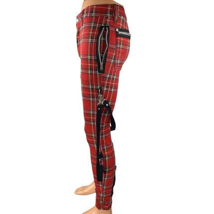 Tripp NYC Chaos Bondage Red Plaid Zipper Straps Skinny Trousers Pants Size 26