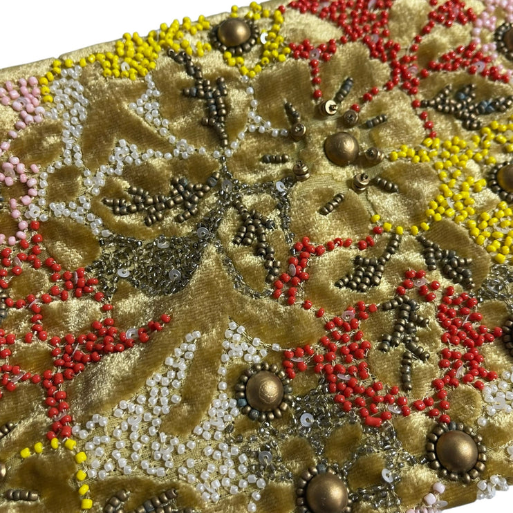 Women's Multicolor Floral Beaded Studded Linen Phone Purse Clutch Handbag OS