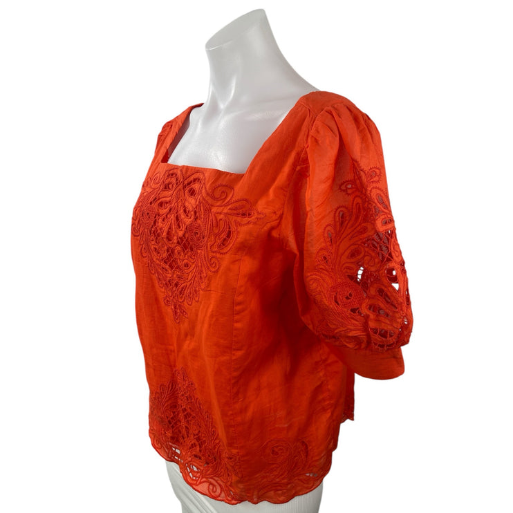 Anthropologie Women's Coral Lace Embroidered Short Puff Sleeve Blouse Top Size S