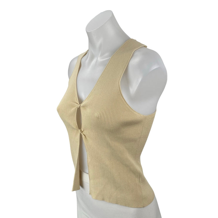 MNG Mango Beige Ribbed Sleeveless Twist Front Cami Tank Cardigan Sweater Vest M