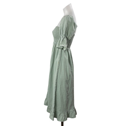 Girl and The Sun Green Linen Short Bell Sleeve Smocked Fit & Flare Midi Dress XS