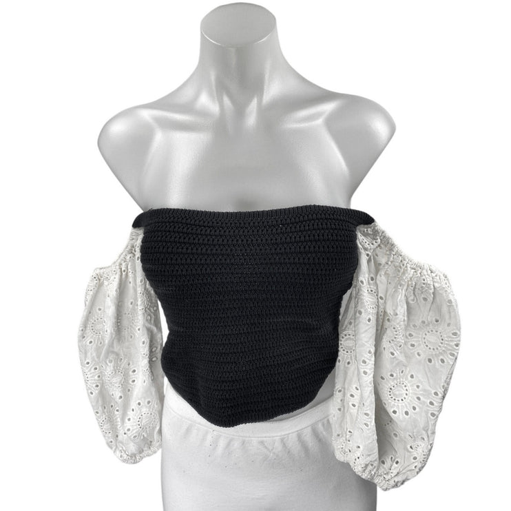 Zara Black White Off the Shoulder Puff Sleeve Bandeau Tube Knit Crop Top Size S