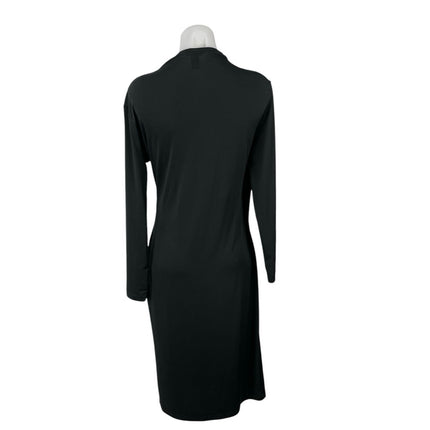 H&M Black Long Sleeve Faux Wrap V Neck Stretch Formal Midi Sheath Dress Size L