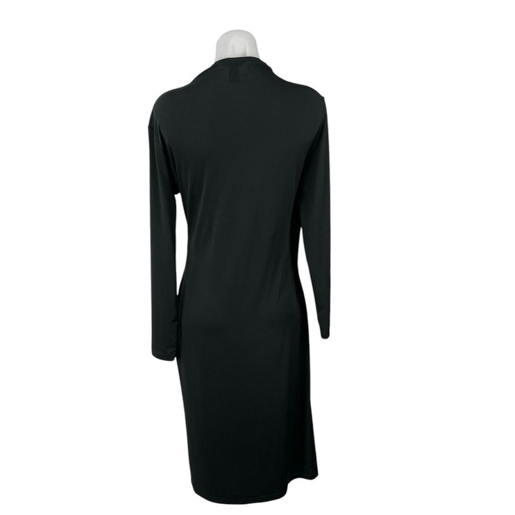 H&M Black Long Sleeve Faux Wrap V Neck Stretch Formal Midi Sheath Dress Size L