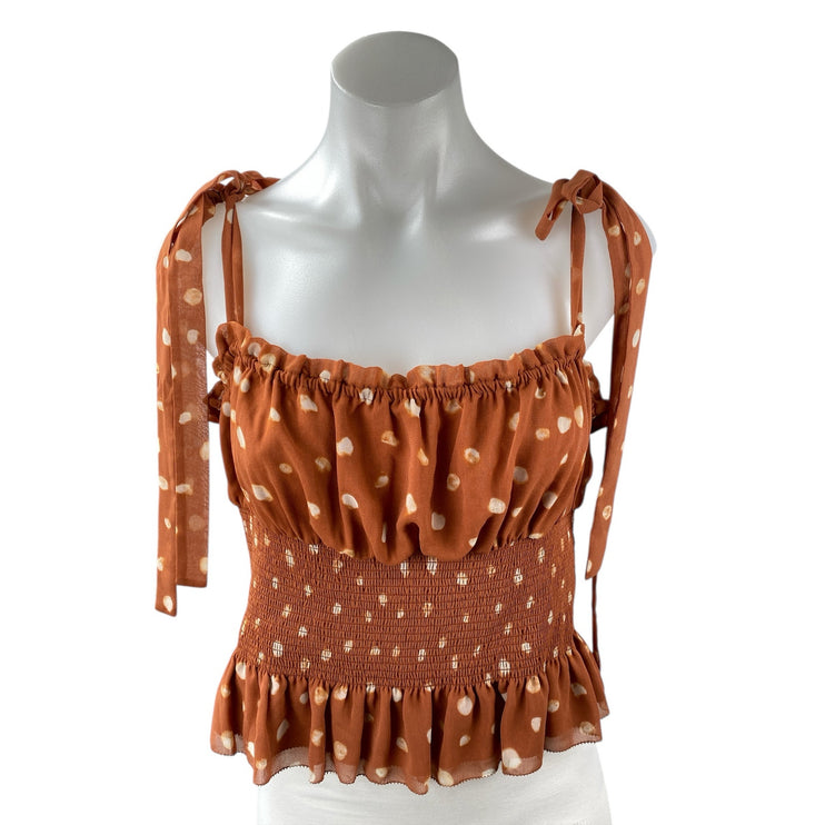 Aritzia Wilfred Women's Brown Polka Dots Ruffle Smocked Tank Blouse Top Size L