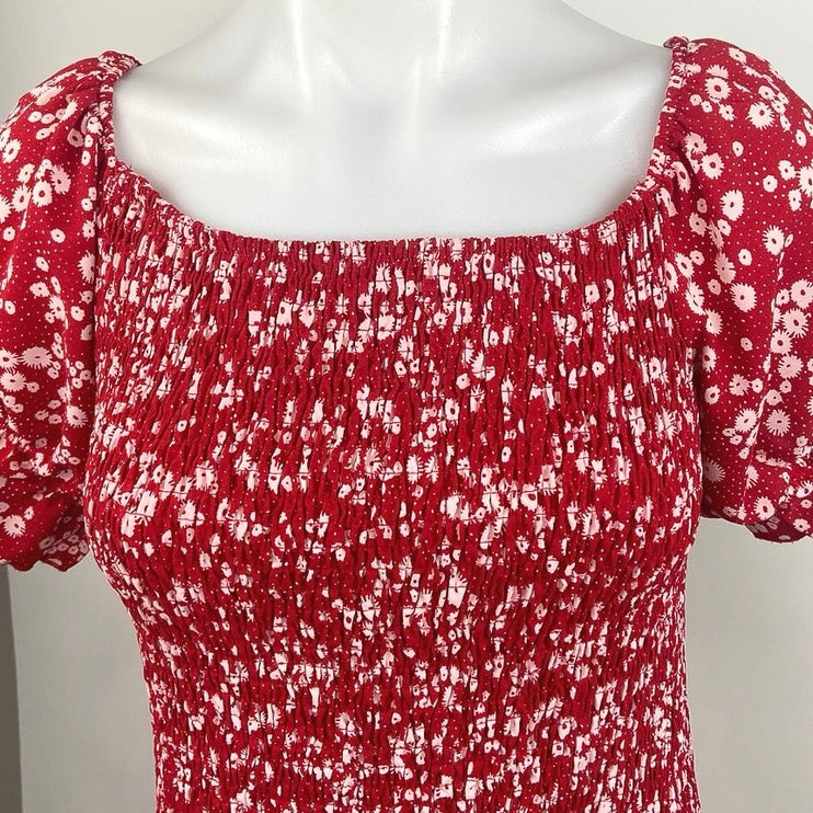 Shein Red White Smocked Stretch Puff Sleeve Fitted Midi Sheath Dress Size L