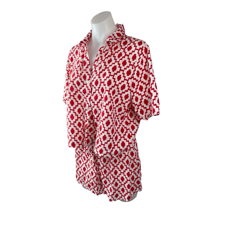 Shade & Shore Red Geometric Ikat Button Up Top Wide Leg Short Pajama Set Size S