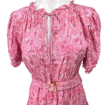 NEW Lusana Ayla Pink Paisley Puff Sleeve Belted Tiered Mini Fit & Flare Dress S