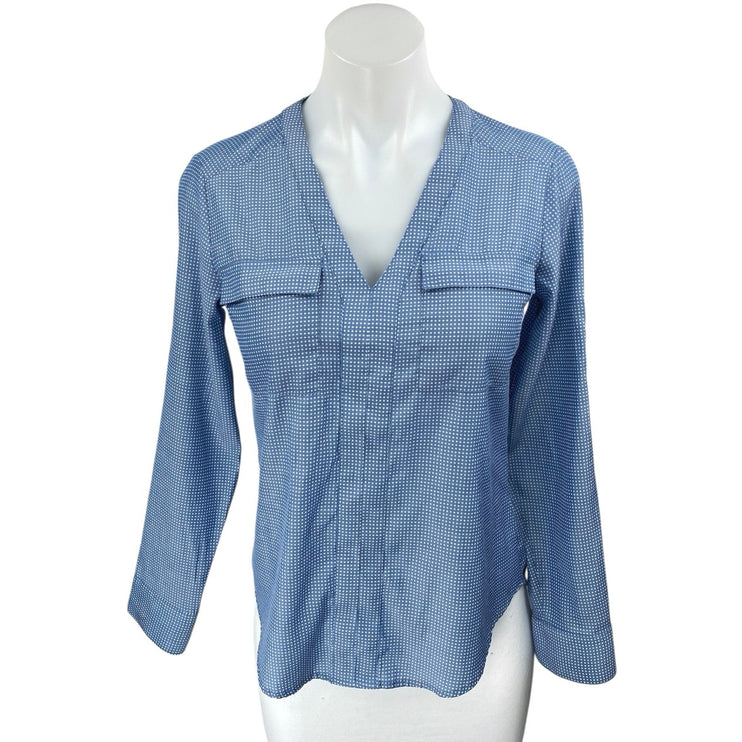 NEW Express Blue White Polka Dots Long Sleeve V Neck Shirt Blouse Top Size XS