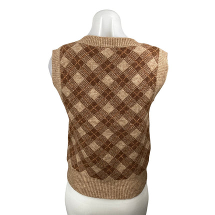 Just In Women's Tan Brown Argyle Plaid Sleeveless V Neck Sweater Vest Top Size S