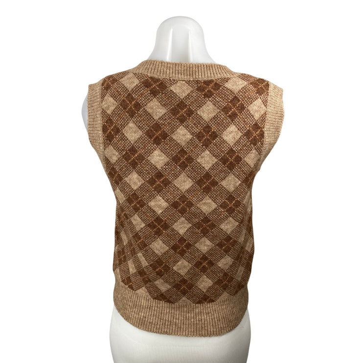 Just In Women's Tan Brown Argyle Plaid Sleeveless V Neck Sweater Vest Top Size S