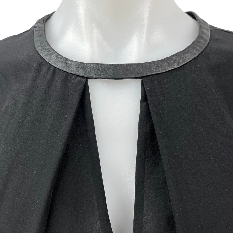 Club Monaco Black 100% Silk 100% Leather V Neck Long Sleeve Blouse Top Size M