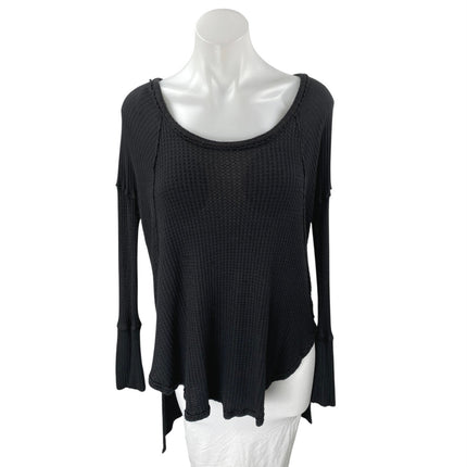 Free People Black Long Sleeve Waffle Knit Thermal Scoop Neck Sweater Top Size M