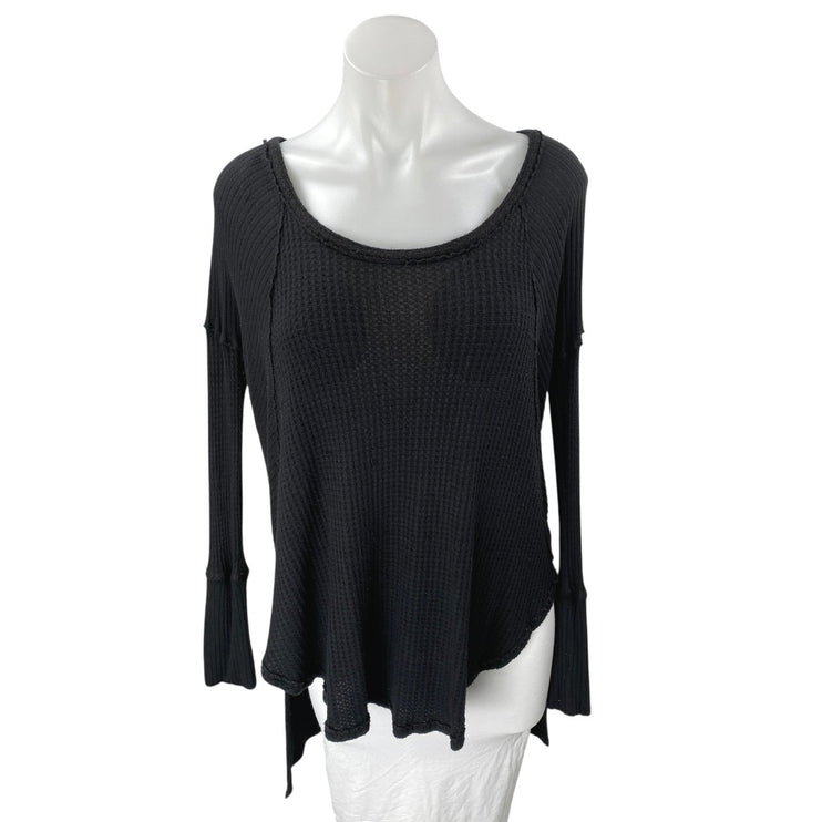 Free People Black Long Sleeve Waffle Knit Thermal Scoop Neck Sweater Top Size M