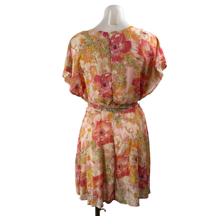 Free People Freddy Coral Short Sleeve Floral V Neck Tie Fit & Flare Mini Dress M