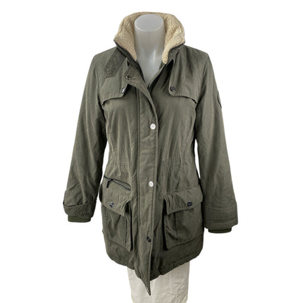 DKNY Women's Green Fleece Collar Full Zip Utility Military Parka Coat Jacket XS