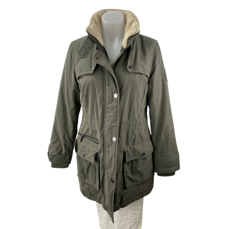 DKNY Women's Green Fleece Collar Full Zip Utility Military Parka Coat Jacket XS