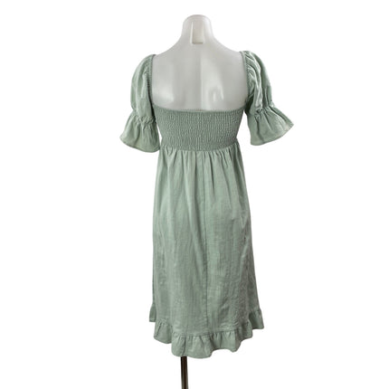 Girl and The Sun Green Linen Short Bell Sleeve Smocked Fit & Flare Midi Dress XS