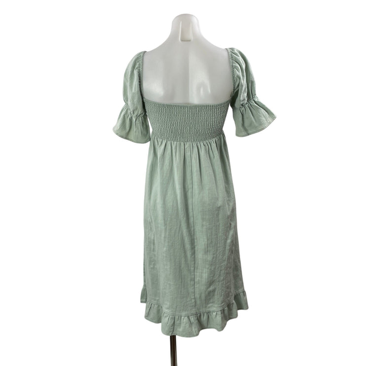 Girl and The Sun Green Linen Short Bell Sleeve Smocked Fit & Flare Midi Dress XS