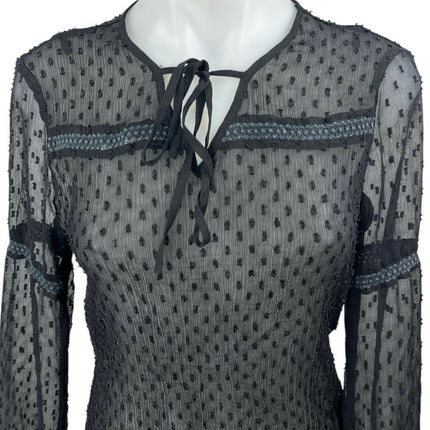 Peacocks Black Sheer Mesh Long Sleeve Swiss Dot Tie Neck Blouse Top Size 10