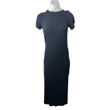 NEW Splendid Black Ribbed Short Sleeve Tie Waist Midi Bodycon T-Shirt Dress XS