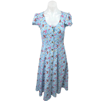 Francesca's Blue Floral Print Button Down Short Puff Sleeve Midi A-Line Dress XS