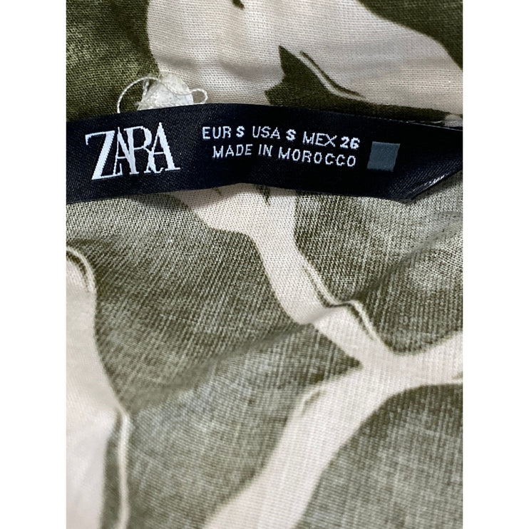 Zara Green Floral Print Short Sleeve Collared Button Down Midi Shirt Dress Sz S