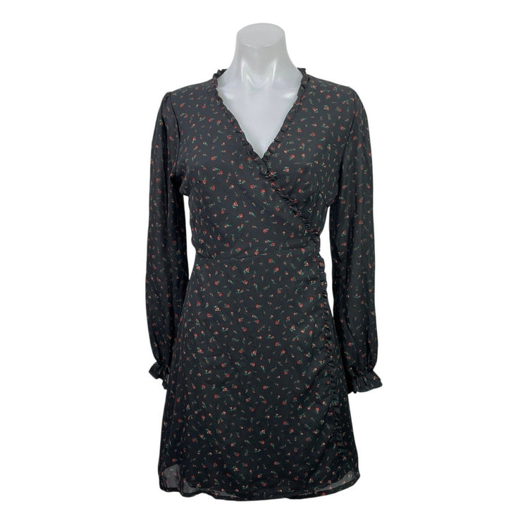 Mi Ami Black Floral Long Sleeve Ruffle V Neck A Line Tie Wrap Mini Dress Size S