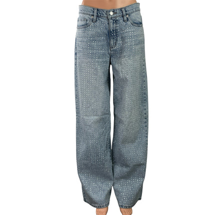 DKNY Women's Blue Light Wash Rhinestone High Rise Wide Leg Baggy Denim Jeans 28