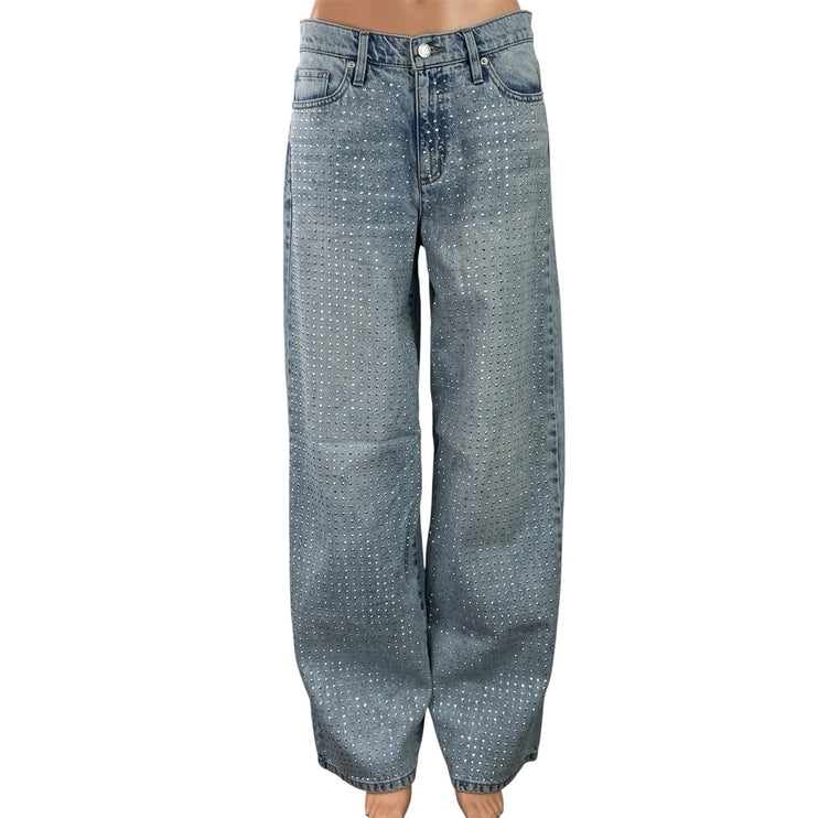 DKNY Women's Blue Light Wash Rhinestone High Rise Wide Leg Baggy Denim Jeans 28