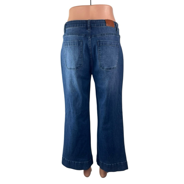 Luvamia Women's Blue High Waisted Cropped Flared Wide Leg Denim Jeans Pants Sz M