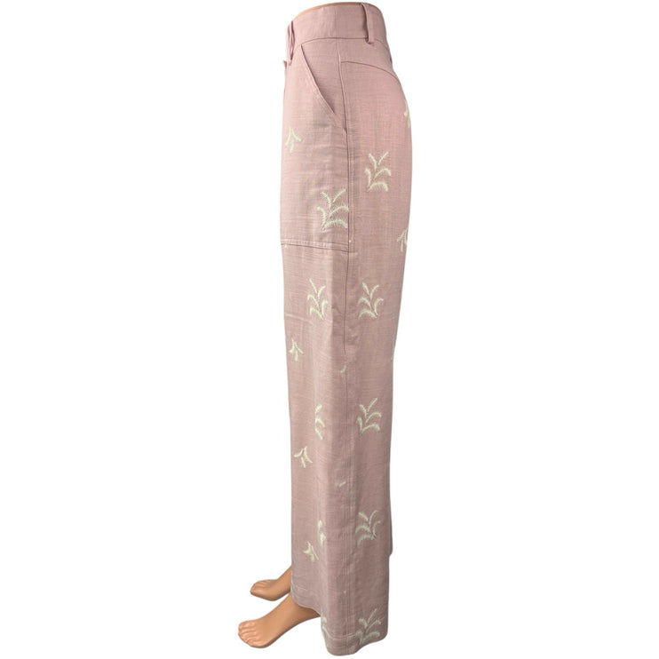 Zara Women's Pink Embroidered Palm Tree High Rise Wide Leg Trouser Pants Sz M