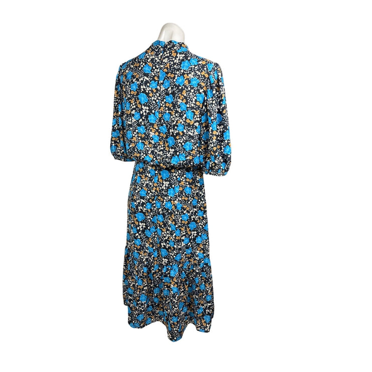 Ann Taylor Black Blue Floral Print Blouson Mock Neck Puff Sleeve Midi Dress Sz 6