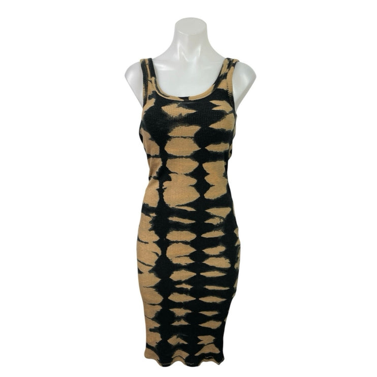 Zara Beige Black Tie Dye Ribbed Knit Sleeveless Stretch Midi Bodycon Dress Sz M