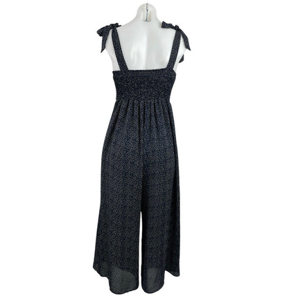 Women's Black Tie Strap Sleeveless Dots Square Neck Wide Leg Jumpsuit Size M