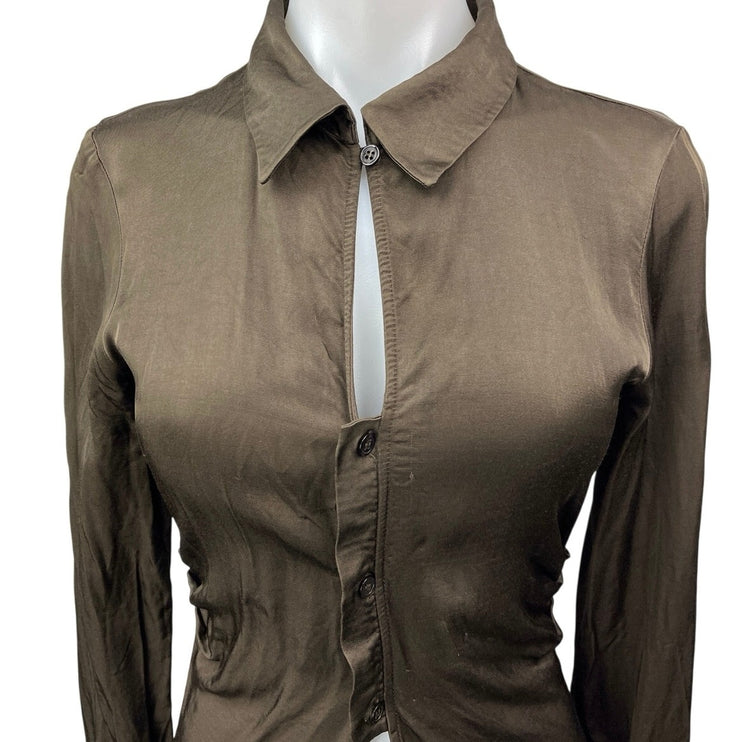 Zara Brown Satin Silk Keyhole Long Sleeve Fitted Button Down Shirt Top Size XS