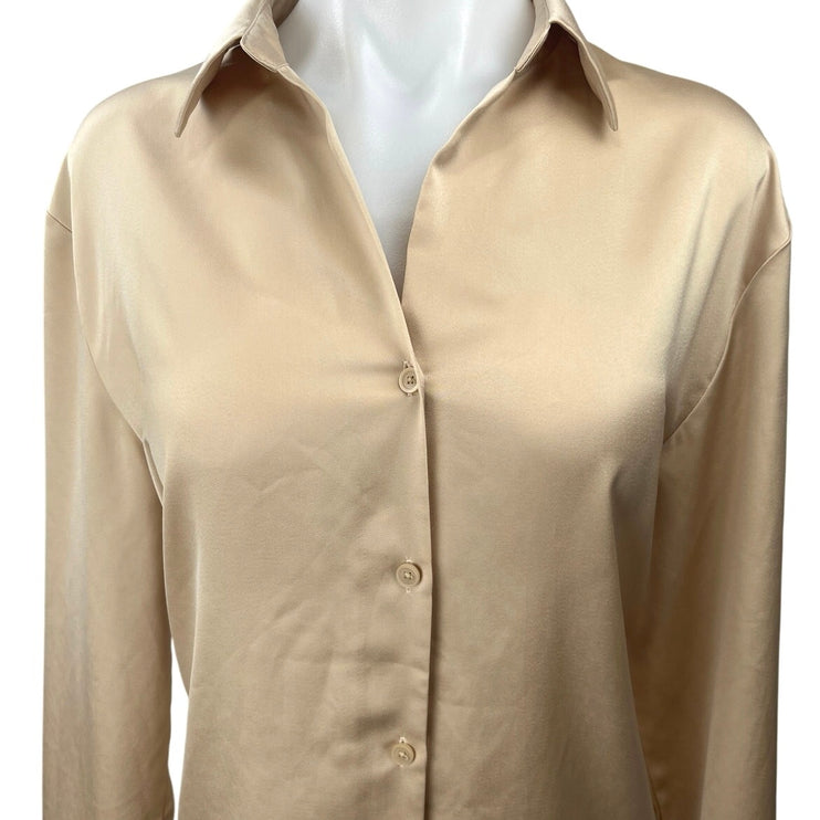 Uniqlo Women's Tan Silk Satin Collared Long Sleeve Button Down Top Size L