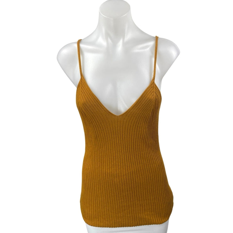 Anthropologie Meadow Rue Gold Ribbed Knit Sleeveless Deep V Neck Tank Top Size M