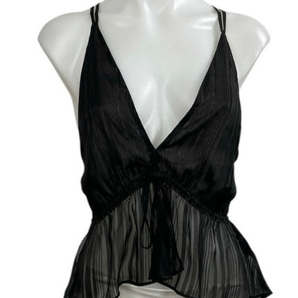 Express Black Sheer Mesh Plisse Deep V Neck Sleeveless Peplum Cami Tank Top Sz S