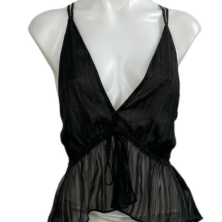 Express Black Sheer Mesh Plisse Deep V Neck Sleeveless Peplum Cami Tank Top Sz S