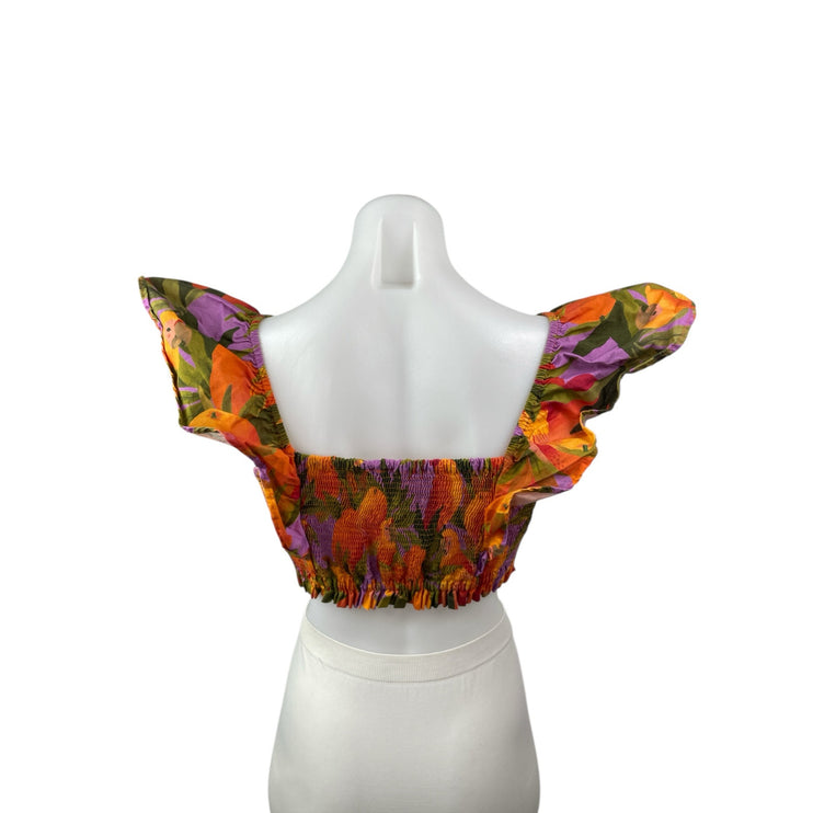 Farm Rio Coral Pears Short Ruffle Sleeve Square Neck Blouse Crop Top Size XSP