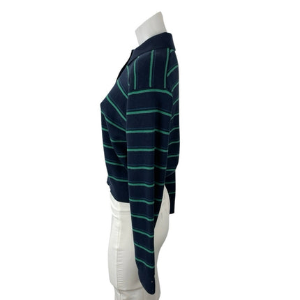 Uniqlo Women's Blue Green Stripe Long Sleeve Crop Polo Sweatshirt Sweater Top XS