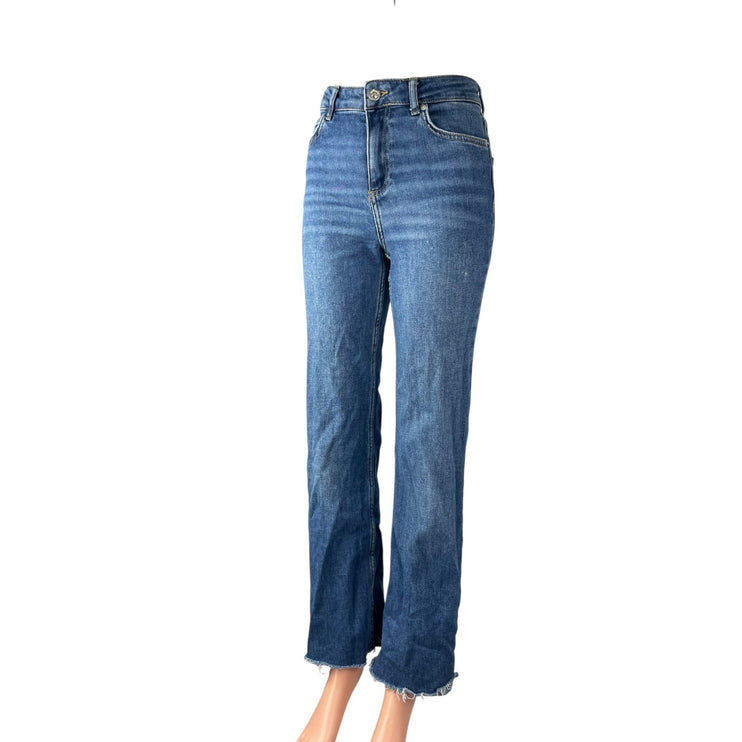Zara Women's Medium Blue Raw Frayed Hem High Rise Straight Denim Jeans Pants 4