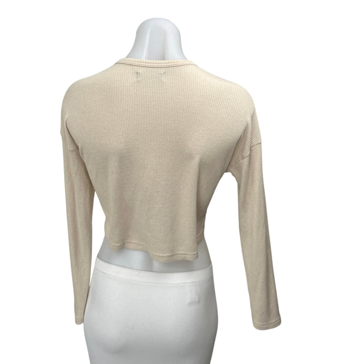 Naadam Cream Cashmere Ribbed Knit Long Sleeve Henley Crop Sweater Top Size XXS
