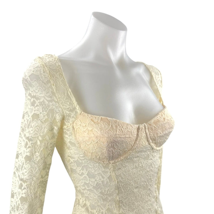 Women's Cream Floral Lace Bustier Corset Long Sleeve Backless Blouse Top Size S
